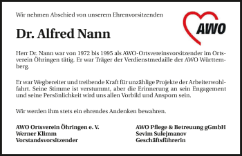 Traueranzeige von Alfred Nann 