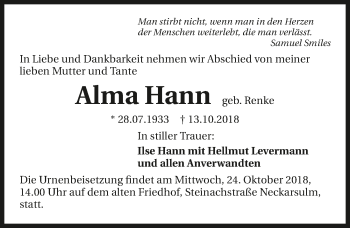 Traueranzeige von Alma Hann 