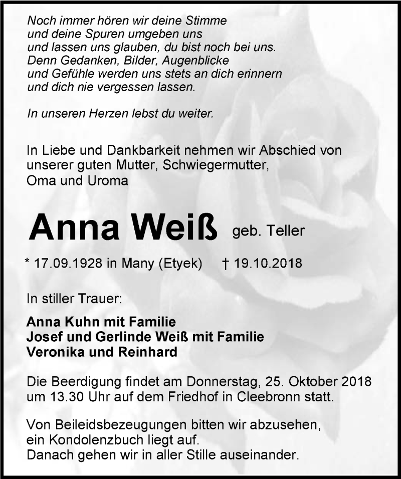  Traueranzeige für Anna Weiß vom 23.10.2018 aus 