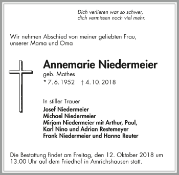 Traueranzeige von Annemarie Niedermeier 