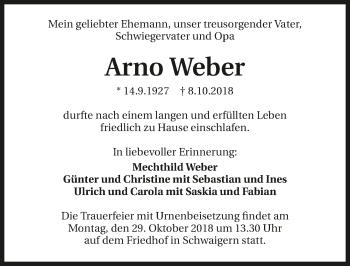 Traueranzeige von Arno Weber 