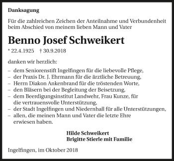 Traueranzeige von Benno Josef Schweikert 