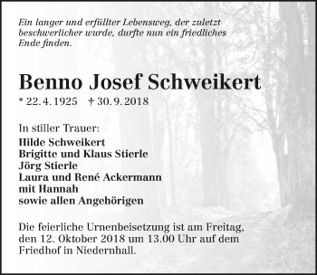 Traueranzeige von Benno Josef Schweikert 