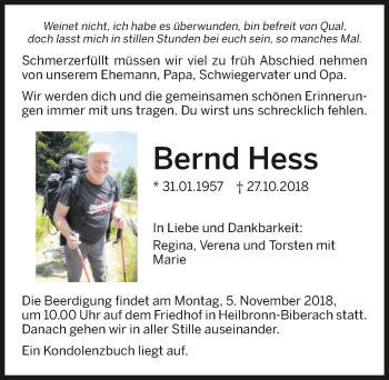 Traueranzeige von Bernd Hess 