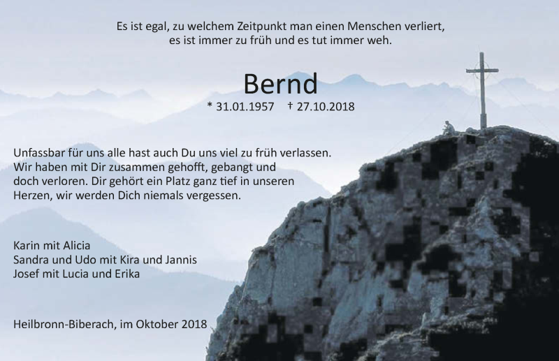  Traueranzeige für Bernd Hess vom 31.10.2018 aus 