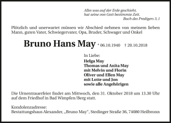 Traueranzeige von Bruno May 