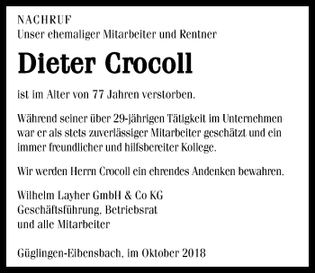 Traueranzeige von Dieter Crocoll 