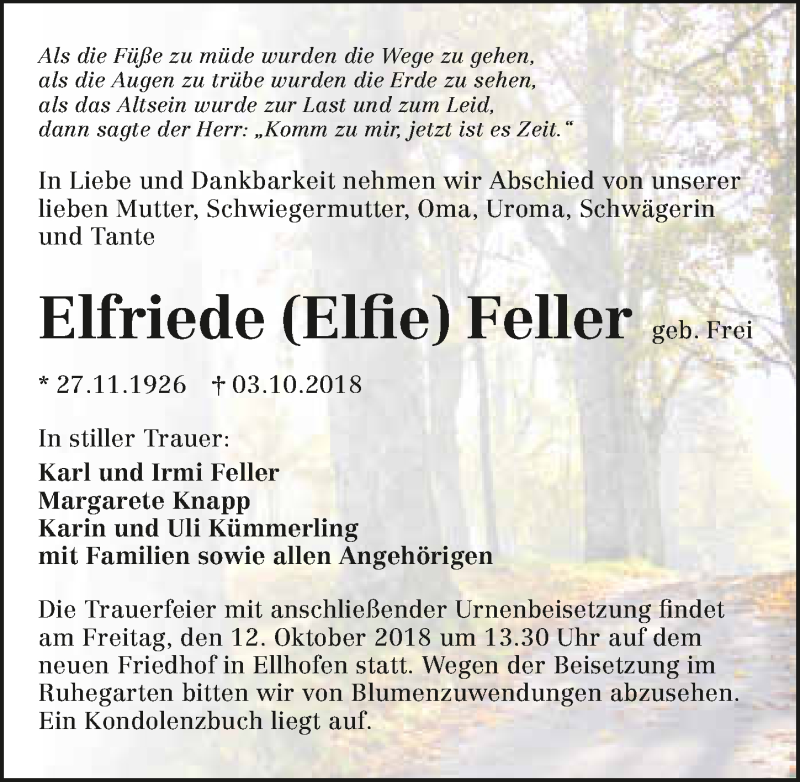  Traueranzeige für Elfriede Feller vom 09.10.2018 aus 
