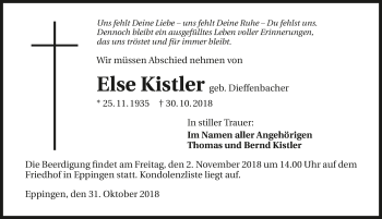 Traueranzeige von Else Kistler 