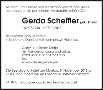 Traueranzeige von Gerda Scheffler 