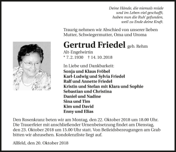 Traueranzeige von Gertrud Friedel 
