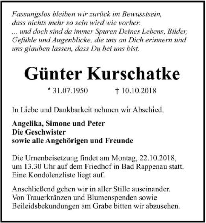 Traueranzeige für Günter Kurschatke vom 13.10.2018 aus 