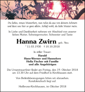 Traueranzeige von Hanna Zwirn 