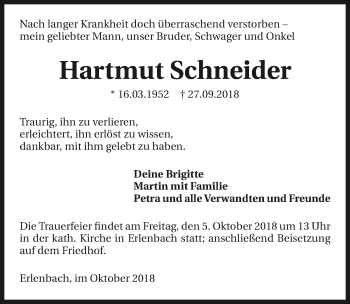 Traueranzeige von Hartmut Schneider 