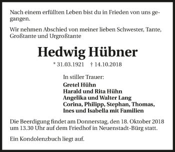Traueranzeige von Hedwig Hübner 