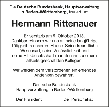 Traueranzeige von Hermann Rittenauer 