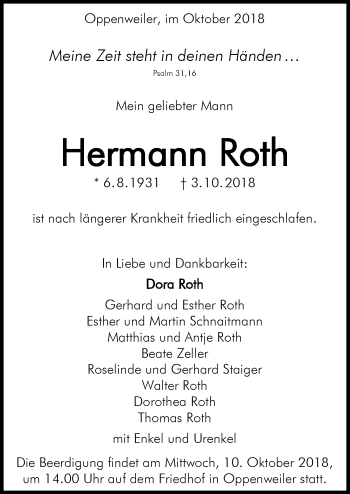 Traueranzeige von Hermann Roth 