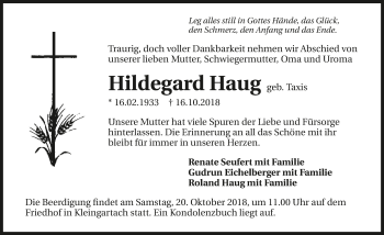 Traueranzeige von Hildegard Haug 