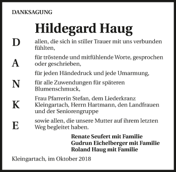 Traueranzeige von Hildegard Haug 