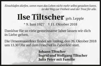 Traueranzeige von Ilse Tiltscher 