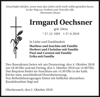 Traueranzeige von Irmgard Oechsner 