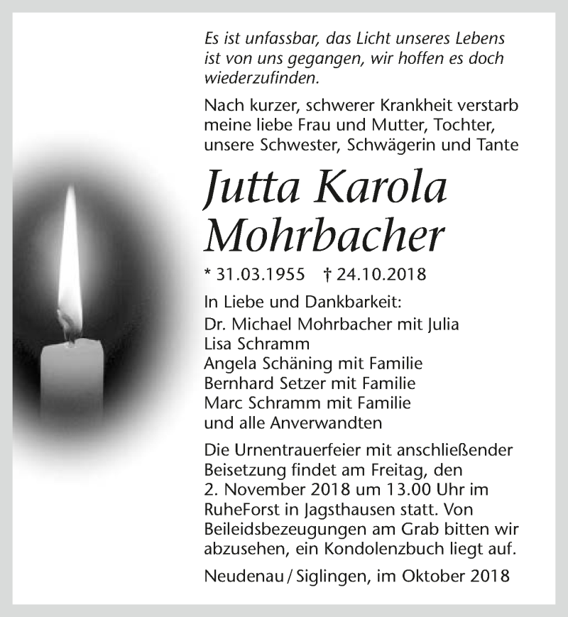  Traueranzeige für Jutta Karola Mohrbacher vom 27.10.2018 aus 