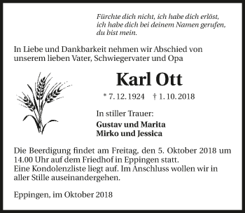 Traueranzeige von Karl Ott 