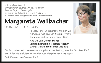 Traueranzeige von Margarete Weilbacher 