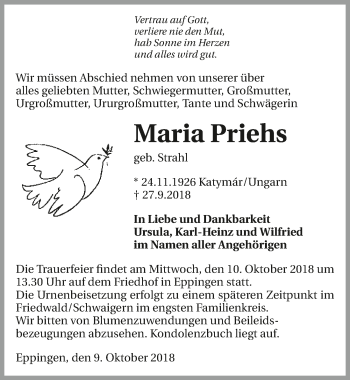 Traueranzeige von Maria Priehs 