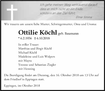 Traueranzeige von Ottilie Köchl 