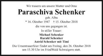 Traueranzeige von Paraschiva Schenker 