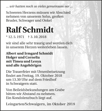 Traueranzeige von Ralf Schmidt 