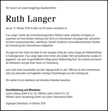 Traueranzeige von Ruth Langer 
