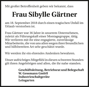 Traueranzeige von Sibylle Gärtner 