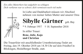 Traueranzeige von Sibylle Gärtner 