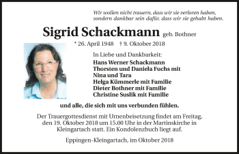 Traueranzeige von Sigrid Schackmann 