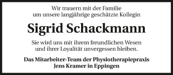 Traueranzeige von Sigrid Schackmann 