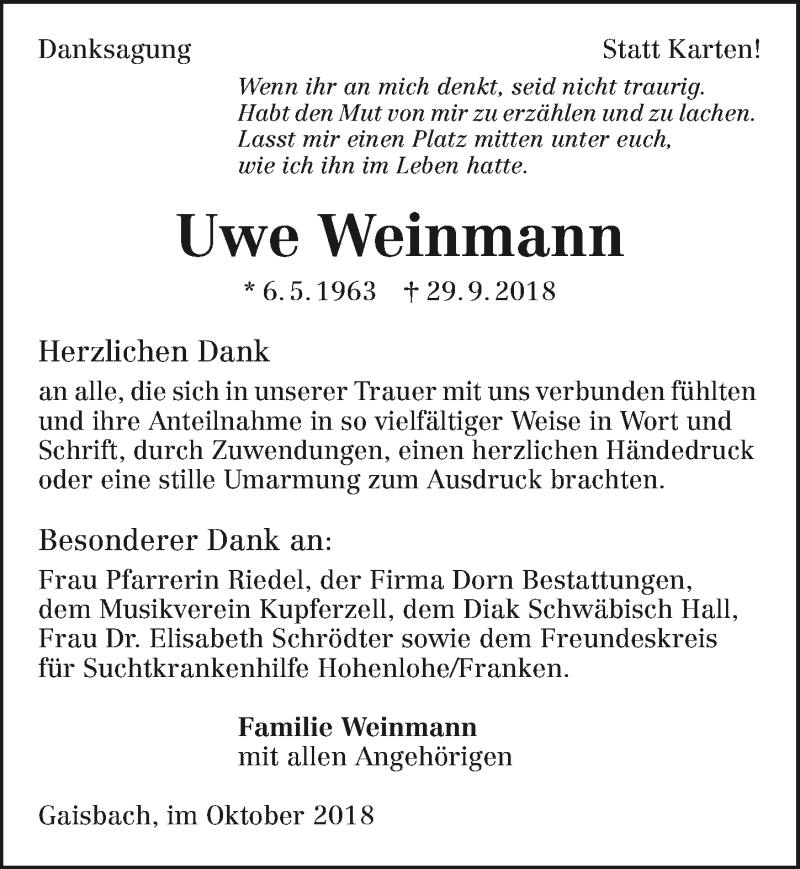  Traueranzeige für Uwe Weinmann vom 30.10.2018 aus 