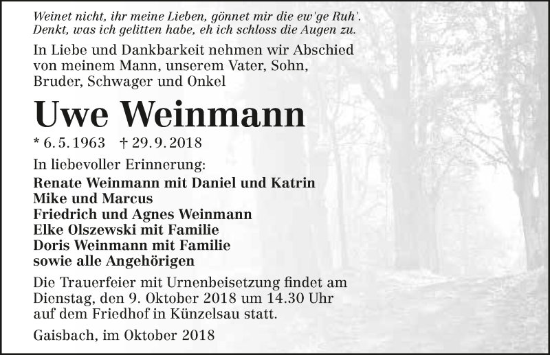  Traueranzeige für Uwe Weinmann vom 05.10.2018 aus 