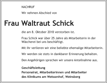 Traueranzeige von Waltraut Schick 