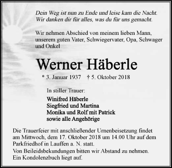 Traueranzeige von Werner Häberle 