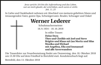 Traueranzeige von Werner Lederer 
