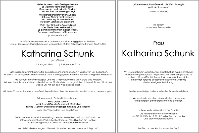  Traueranzeige für Katharina Schunk vom 13.11.2018 aus 
