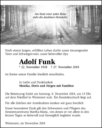Traueranzeige von Adolf Funk 