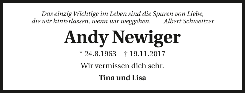  Traueranzeige für Andreas Newiger vom 19.11.2018 aus 