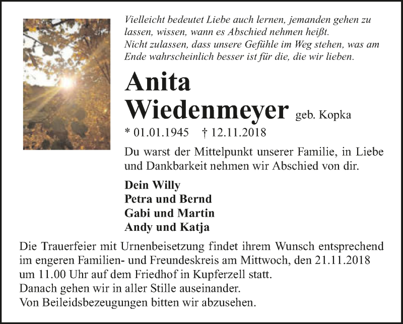  Traueranzeige für Anita Wiedenmeyer vom 17.11.2018 aus 