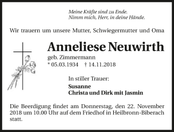 Traueranzeige von Anneliese Neuwirth 