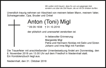 Traueranzeige von Anton Migl 