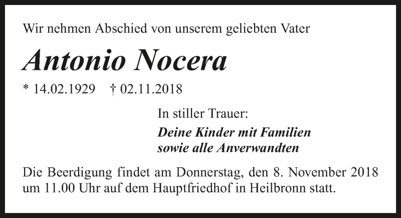  Traueranzeige für Antonio Nocera vom 06.11.2018 aus 