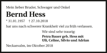 Traueranzeige von Bernd Hess 